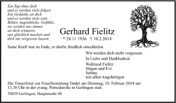 Traueranzeige von Gerhard Fielitz von Leonberger Kreiszeitung / Strohgäu Extra