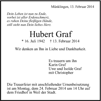 Traueranzeige von Hubert Graf von Leonberger Kreiszeitung / Strohgäu Extra