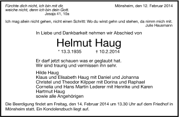 Traueranzeige von Helmut Haug von Leonberger Kreiszeitung / Strohgäu Extra