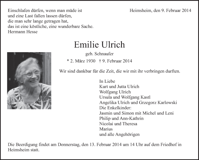  Traueranzeige für Emilie Ulrich vom 12.02.2014 aus Leonberger Kreiszeitung / Strohgäu Extra