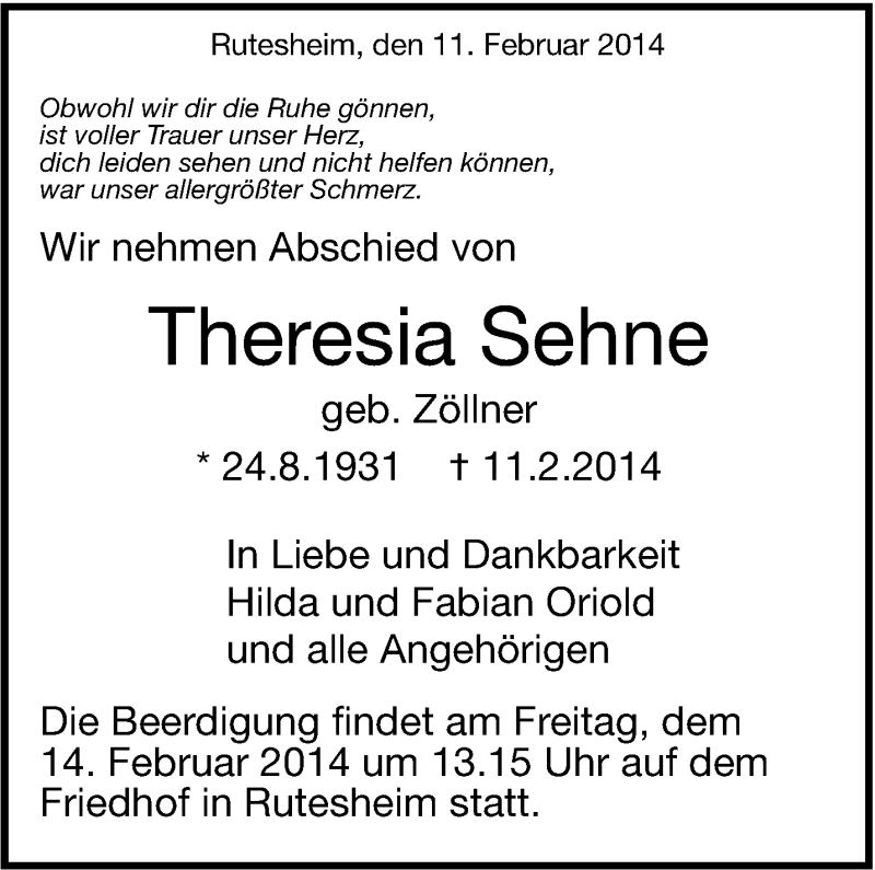  Traueranzeige für Theresia Sehne vom 12.02.2014 aus Leonberger Kreiszeitung / Strohgäu Extra