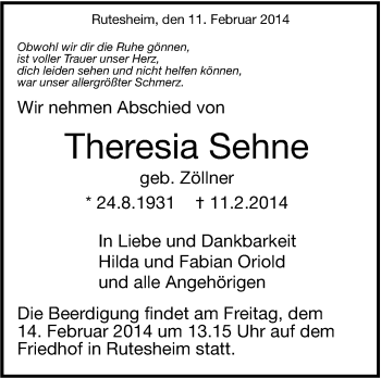 Traueranzeige von Theresia Sehne von Leonberger Kreiszeitung / Strohgäu Extra