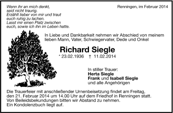 Traueranzeige von Richard Siegle von Leonberger Kreiszeitung / Strohgäu Extra