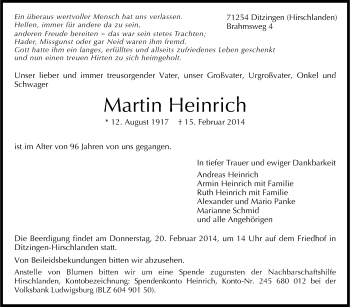 Traueranzeige von Martin Heinrich von Leonberger Kreiszeitung / Strohgäu Extra