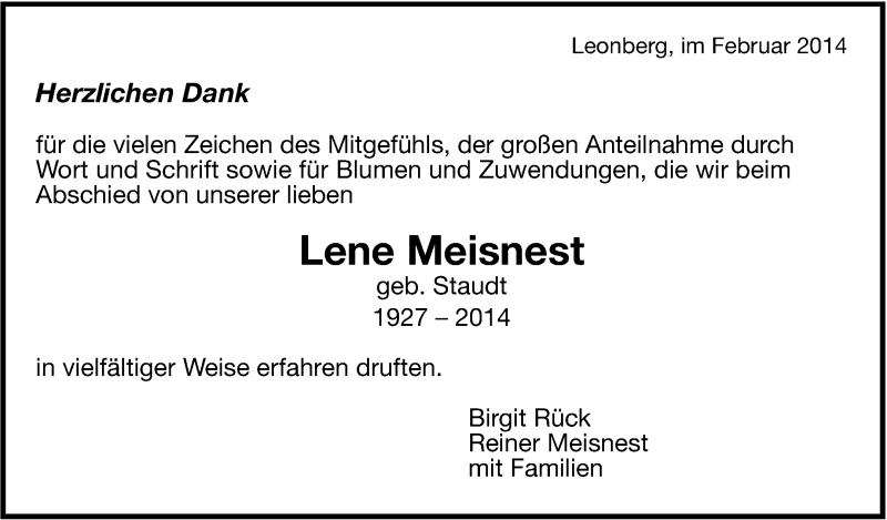  Traueranzeige für Lene Meisnest vom 22.02.2014 aus Leonberger Kreiszeitung / Strohgäu Extra