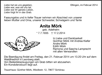 Traueranzeige von Anita Mörk von Leonberger Kreiszeitung / Strohgäu Extra