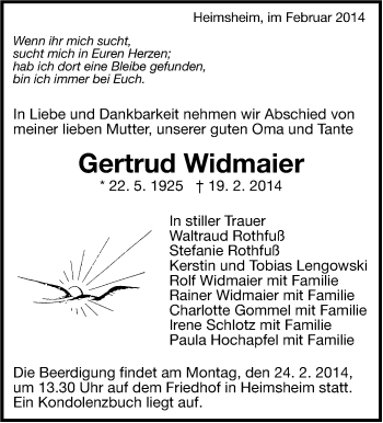 Traueranzeige von Gertrud Widmaier von Leonberger Kreiszeitung / Strohgäu Extra