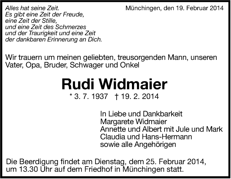  Traueranzeige für Rudi Widmaier vom 22.02.2014 aus Leonberger Kreiszeitung / Strohgäu Extra