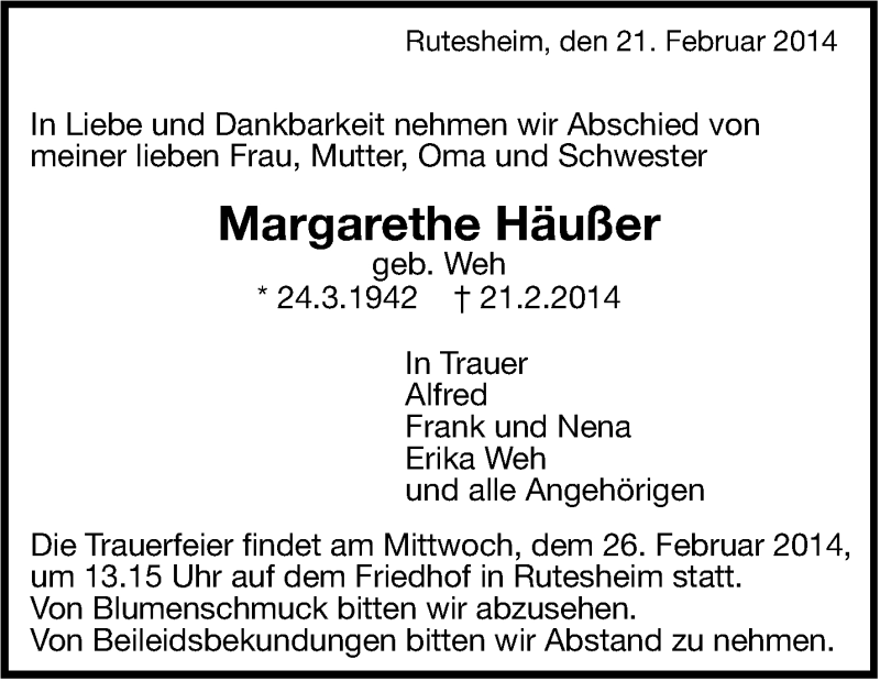  Traueranzeige für Margarethe Häußer vom 24.02.2014 aus Leonberger Kreiszeitung / Strohgäu Extra