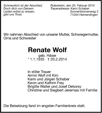 Traueranzeige von Renate Wolf von Leonberger Kreiszeitung / Strohgäu Extra