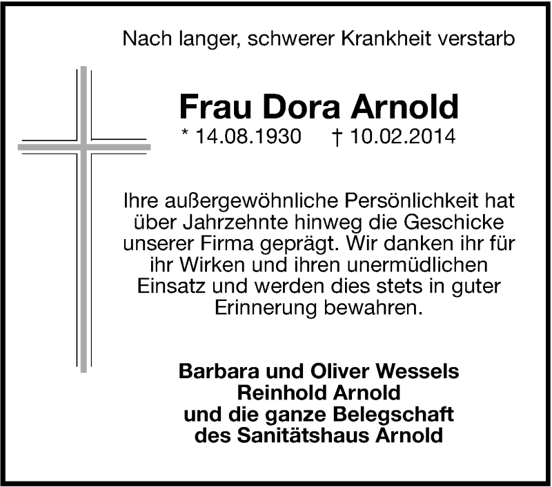  Traueranzeige für Dora Arnold vom 20.02.2014 aus Leonberger Kreiszeitung / Strohgäu Extra