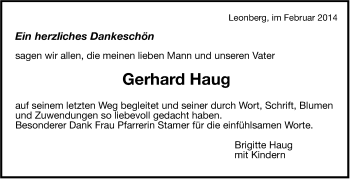 Traueranzeige von Gerhard Haug von Leonberger Kreiszeitung / Strohgäu Extra