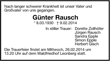 Traueranzeige von Günter Rausch von Leonberger Kreiszeitung / Strohgäu Extra