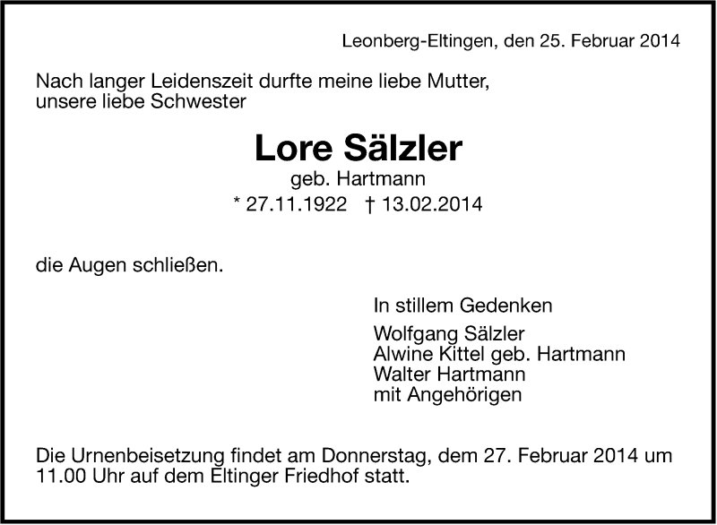 Traueranzeige für Lore Sälzler vom 25.02.2014 aus Leonberger Kreiszeitung / Strohgäu Extra