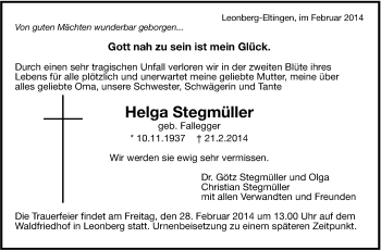 Traueranzeige von Helga Stegmüller von Leonberger Kreiszeitung / Strohgäu Extra