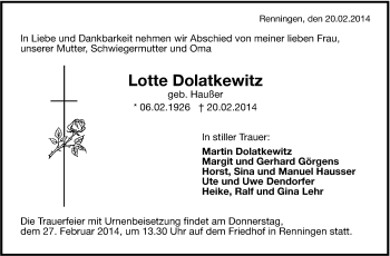 Traueranzeige von Lotte Dolatkewitz von Leonberger Kreiszeitung / Strohgäu Extra