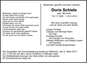Traueranzeige von Doris Schiele von Leonberger Kreiszeitung / Strohgäu Extra