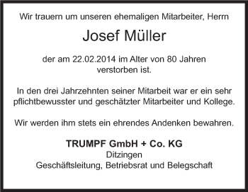 Traueranzeige von Josef Müller von Leonberger Kreiszeitung / Strohgäu Extra