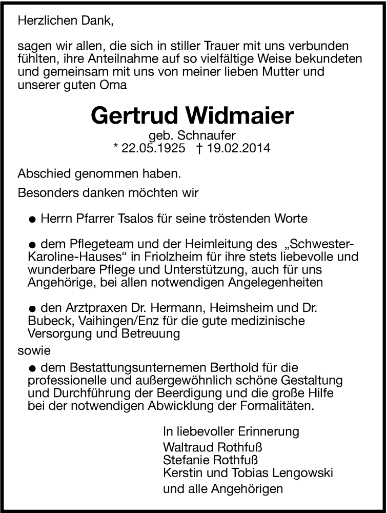  Traueranzeige für  Gertrud Widmaier vom 27.02.2014 aus Leonberger Kreiszeitung / Strohgäu Extra