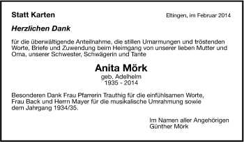 Traueranzeige von Anita Mörk von Leonberger Kreiszeitung / Strohgäu Extra