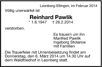 Traueranzeige von Reinhard Pawlik von Leonberger Kreiszeitung / Strohgäu Extra
