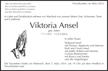 Traueranzeige von Viktoria Ansel von Leonberger Kreiszeitung / Strohgäu Extra