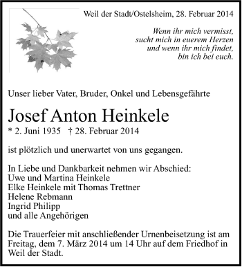 Traueranzeige von Josef Anton Heinkele von Leonberger Kreiszeitung / Strohgäu Extra
