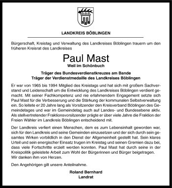 Traueranzeige von Paul Mast von Leonberger Kreiszeitung / Strohgäu Extra
