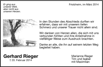 Traueranzeige von Gerhard Rieger von Leonberger Kreiszeitung / Strohgäu Extra