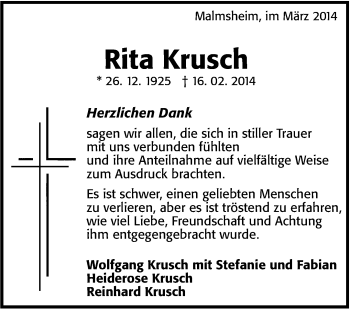 Traueranzeige von Rita Krusch von Leonberger Kreiszeitung / Strohgäu Extra
