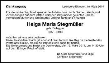 Traueranzeige von Helga Maria Stegmüller von Leonberger Kreiszeitung / Strohgäu Extra