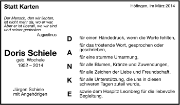 Traueranzeige von Doris Schiele von Leonberger Kreiszeitung / Strohgäu Extra