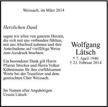 Traueranzeige von Wolfgang Lätsch von Leonberger Kreiszeitung / Strohgäu Extra