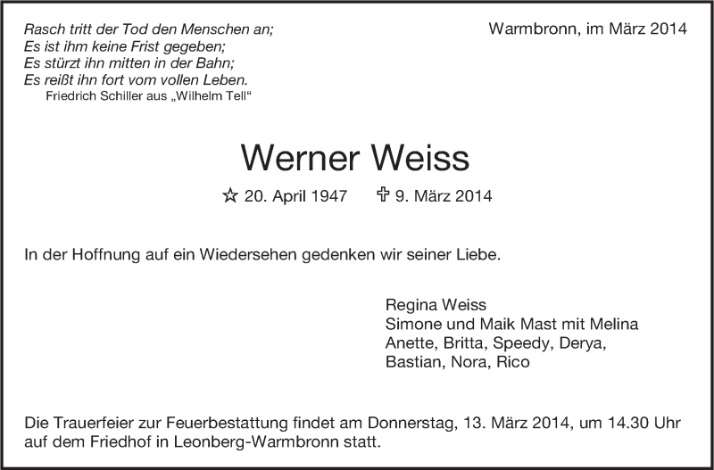  Traueranzeige für Werner Weiss vom 11.03.2014 aus Leonberger Kreiszeitung / Strohgäu Extra