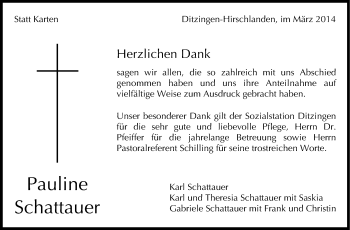Traueranzeige von Pauline Schattauer von Leonberger Kreiszeitung / Strohgäu Extra