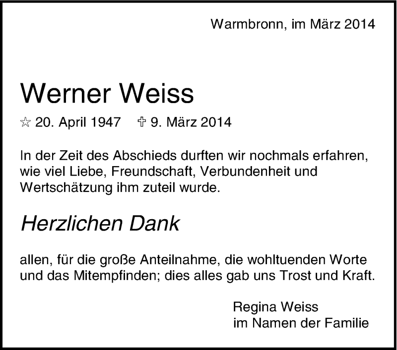 Traueranzeige für Werner Weiss vom 19.03.2014 aus Leonberger Kreiszeitung / Strohgäu Extra