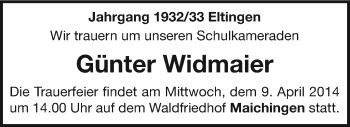 Traueranzeige von Günter Widmaier von Leonberger Kreiszeitung / Strohgäu Extra
