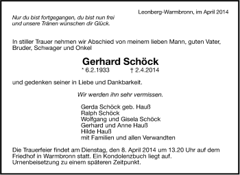 Traueranzeige von Gerhard Schöck von Leonberger Kreiszeitung / Strohgäu Extra
