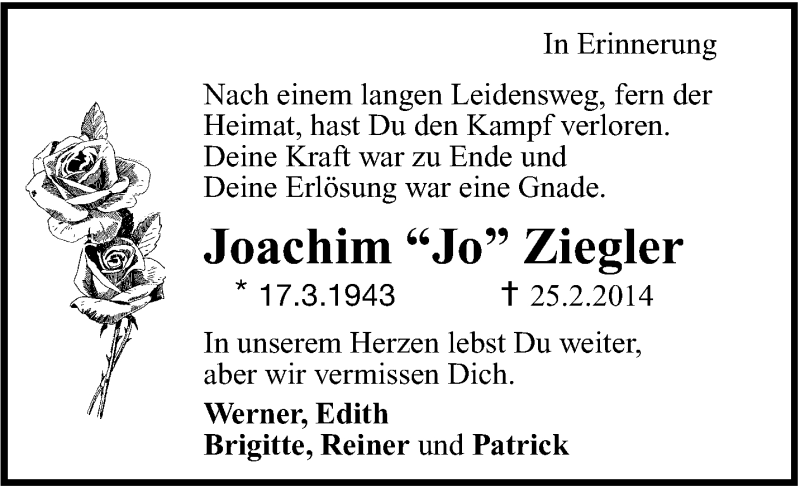  Traueranzeige für Joachim Ziegler vom 12.04.2014 aus Leonberger Kreiszeitung / Strohgäu Extra