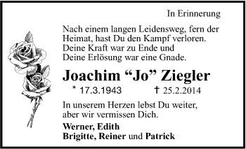 Traueranzeige von Joachim Ziegler von Leonberger Kreiszeitung / Strohgäu Extra