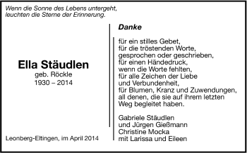 Traueranzeige von Ella Stäudlen von Leonberger Kreiszeitung / Strohgäu Extra