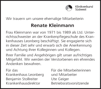 Traueranzeige von Renate Kleinmann von Leonberger Kreiszeitung / Strohgäu Extra
