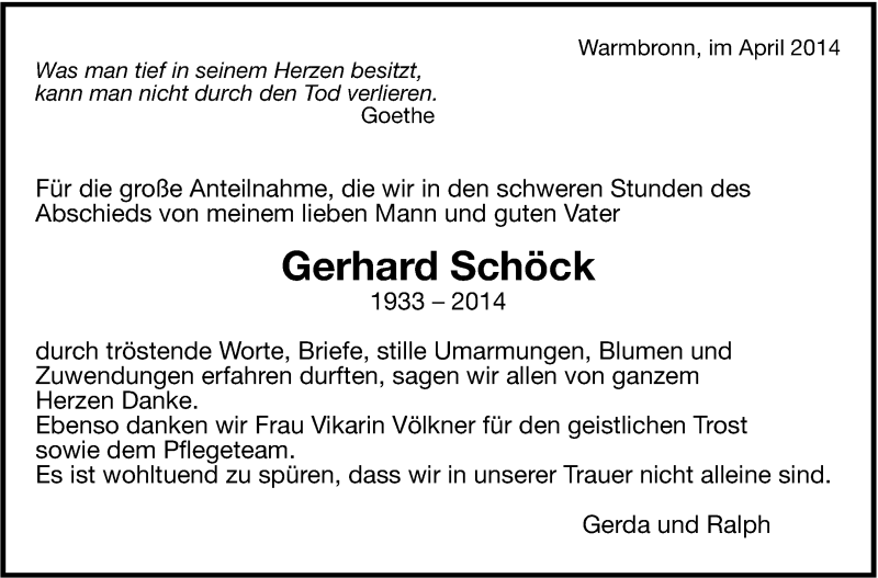 Traueranzeige für Gerhard Schöck vom 30.04.2014 aus Leonberger Kreiszeitung / Strohgäu Extra
