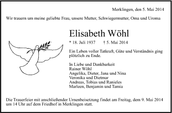Traueranzeige von Elisabeth Wöhl von Leonberger Kreiszeitung / Strohgäu Extra