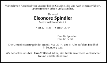 Traueranzeige von Eleonore Spindler von Leonberger Kreiszeitung / Strohgäu Extra
