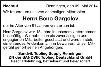 Traueranzeige von Bono Gargolov von Leonberger Kreiszeitung / Strohgäu Extra