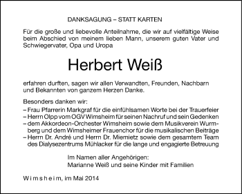 Traueranzeige von Herbert Weiss von Leonberger Kreiszeitung / Strohgäu Extra