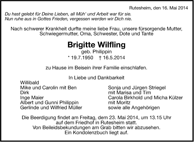  Traueranzeige für Brigitte Wilfling vom 20.05.2014 aus Leonberger Kreiszeitung / Strohgäu Extra