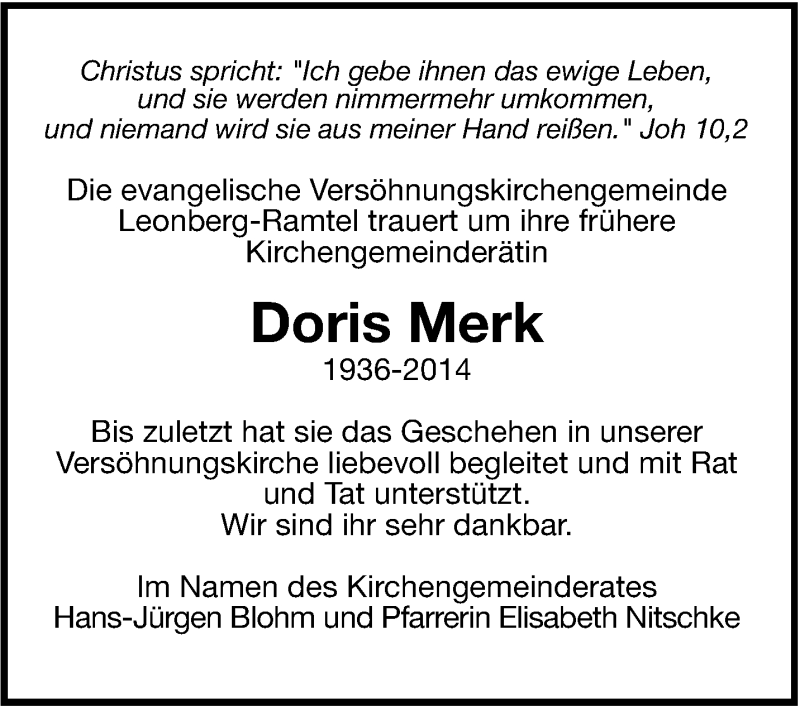  Traueranzeige für Doris Merk vom 27.05.2014 aus Leonberger Kreiszeitung / Strohgäu Extra