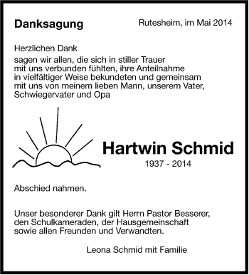 Traueranzeige von Hartwin Schmid von Leonberger Kreiszeitung / Strohgäu Extra
